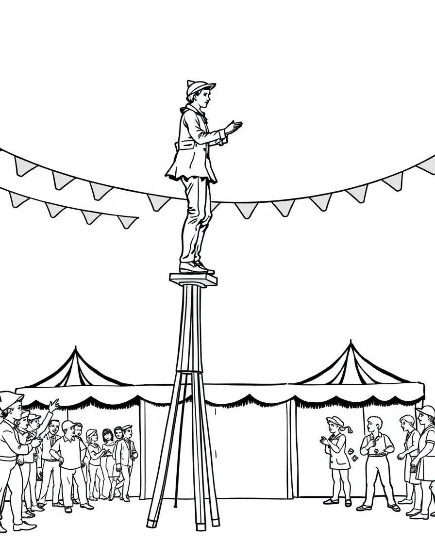 Stilts walking with person elevated, balance required, and circus or street performance atmosphere around