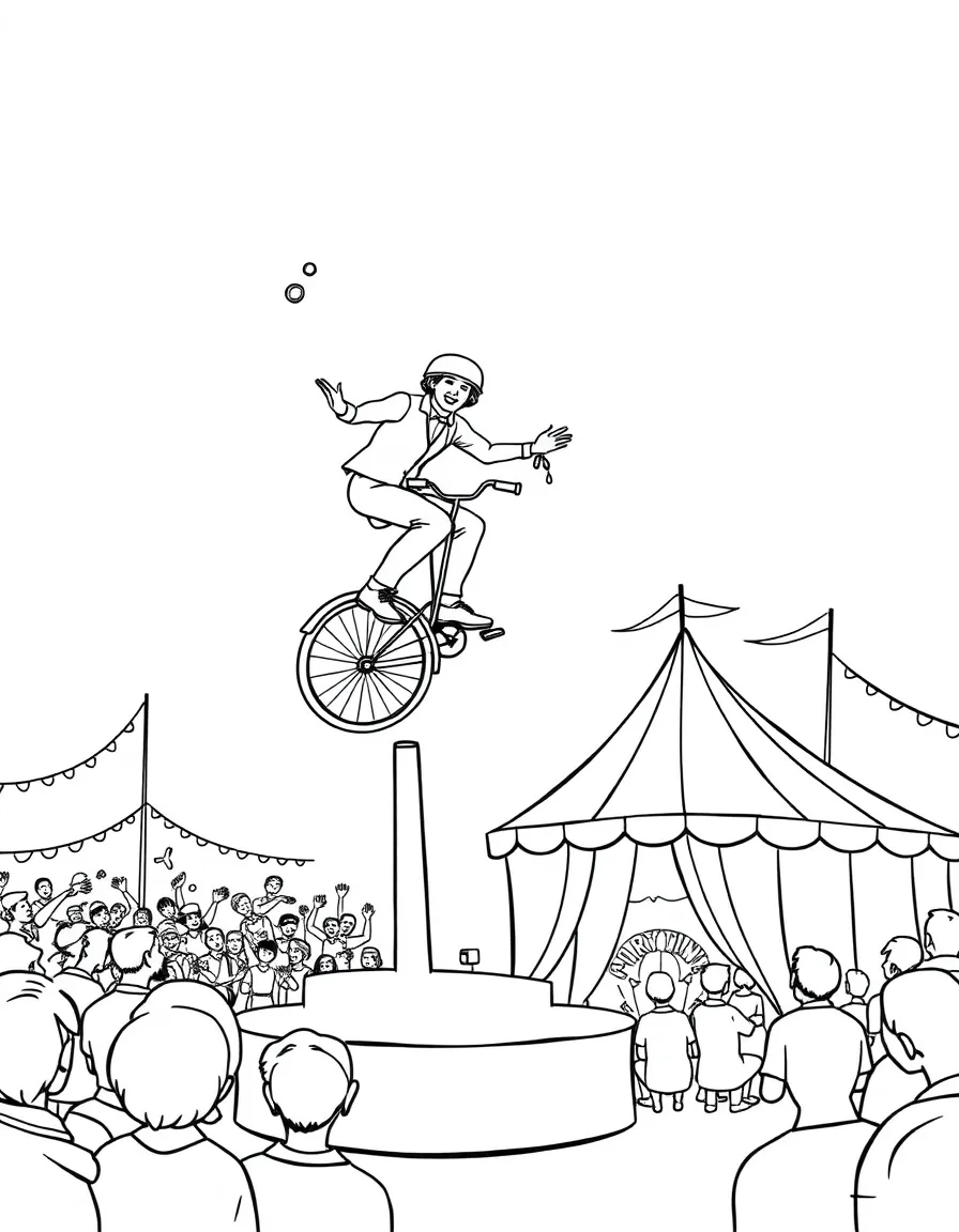 Unicycle performance with rider balancing, juggling while riding, and circus tent with audience watching