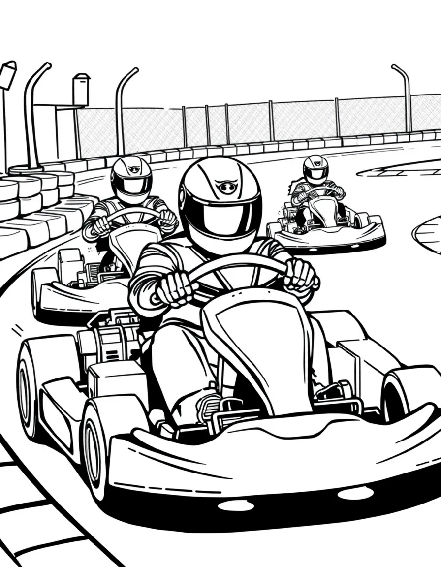 Go-kart racing with drivers wearing helmets, small engines revving, and family fun center track