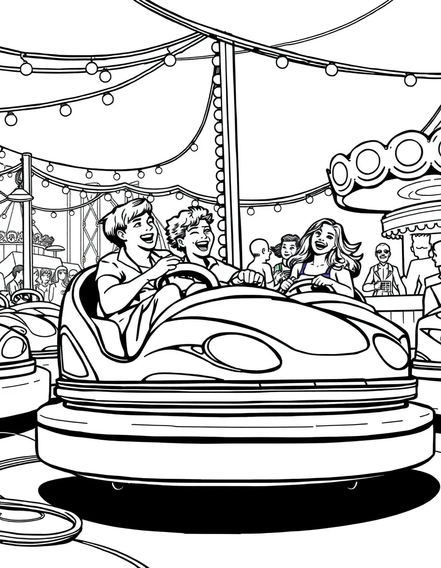 Bumper cars at carnival with riders laughing, electrical connections, and fair atmosphere with lights