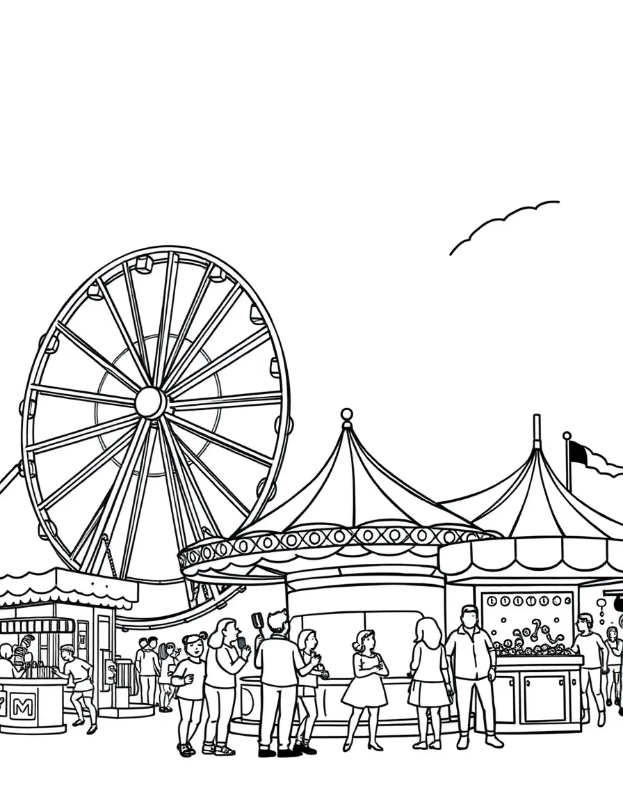 Amusement park rides with roller coaster, Ferris wheel, and families enjoying carnival games and treats