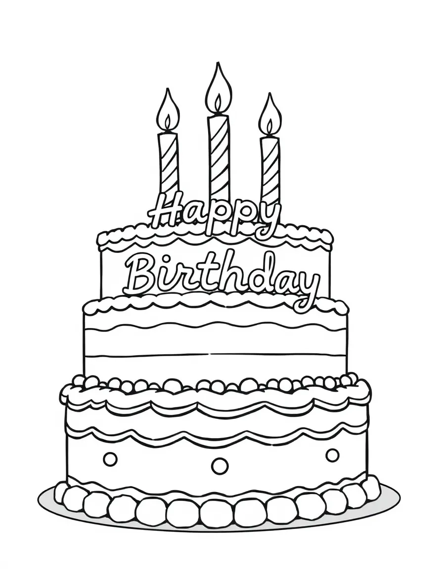 Birthday cake with multiple layers, colorful frosting, lit candles, and "Happy Birthday" written in icing