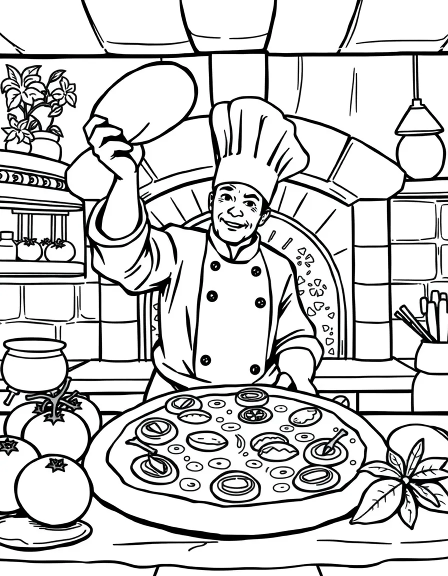 Pizza chef tossing dough in Italian kitchen with tomatoes, cheese, pepperoni, and wood-fired oven behind