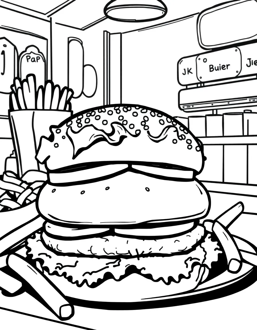 Hamburger and fries meal with lettuce, tomato, pickles, sesame seed bun, and diner setting atmosphere