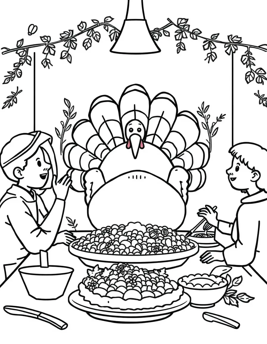 Thanksgiving turkey dinner with stuffing, cranberry sauce, mashed potatoes, and family gathered around table