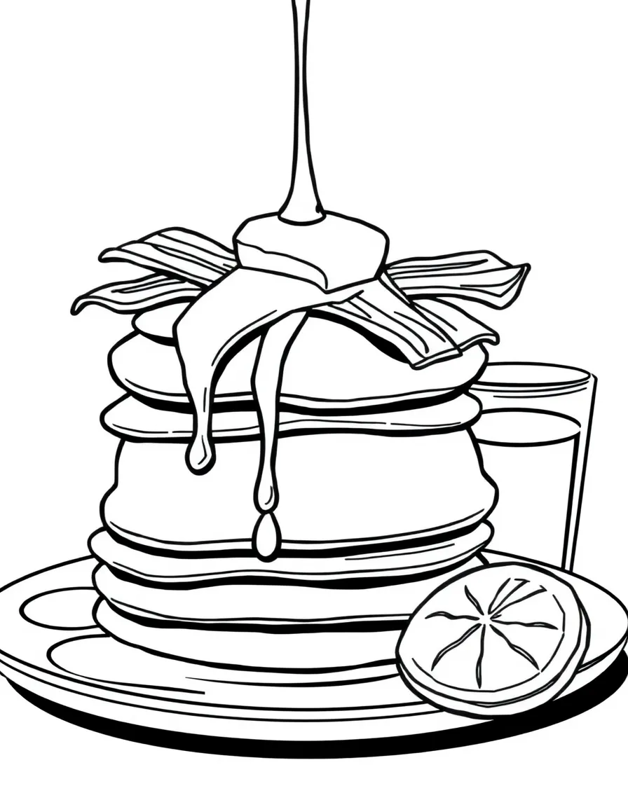 Pancake breakfast stack with syrup dripping, butter melting, bacon strips, and orange juice glass nearby