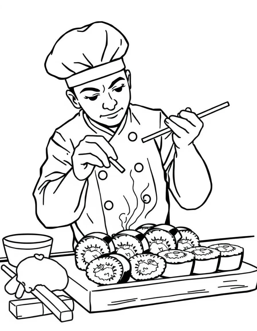 Sushi chef preparing rolls with rice, nori, fish, wasabi, ginger, and traditional Japanese kitchen tools