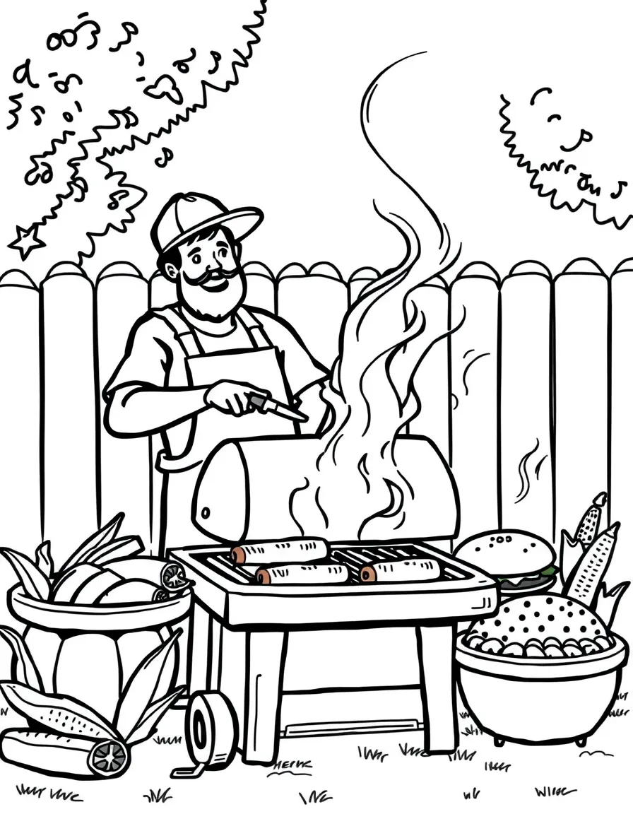 Barbecue cookout with grill master, hot dogs, burgers, corn on cob, and backyard party atmosphere
