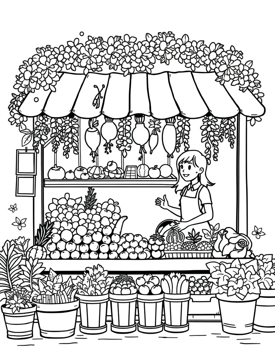 Farmers market produce stand with fresh fruits, vegetables, flowers, and friendly vendor with customers