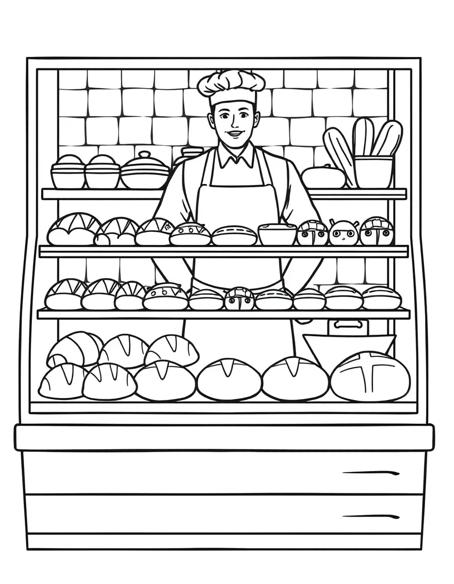 Bakery display case with croissants, muffins, bread loaves, Danish pastries, and baker in apron behind