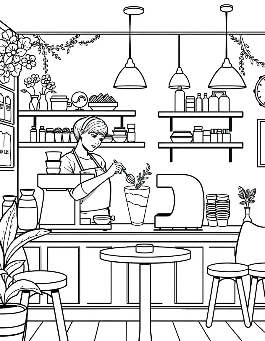Coffee shop scene with barista making latte art, espresso machine, pastries, and cozy seating area