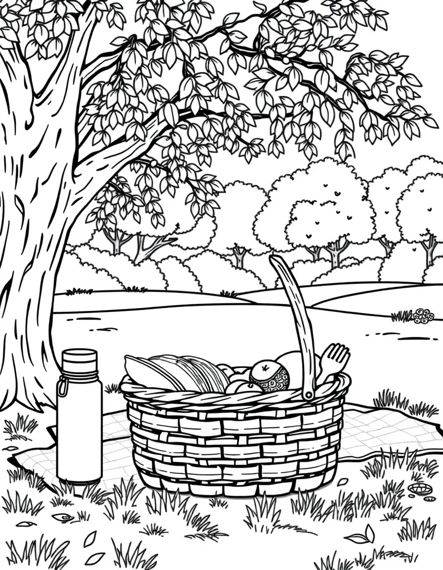 Picnic basket packed with sandwiches, fruit, thermos, blanket, and family in park setting under tree
