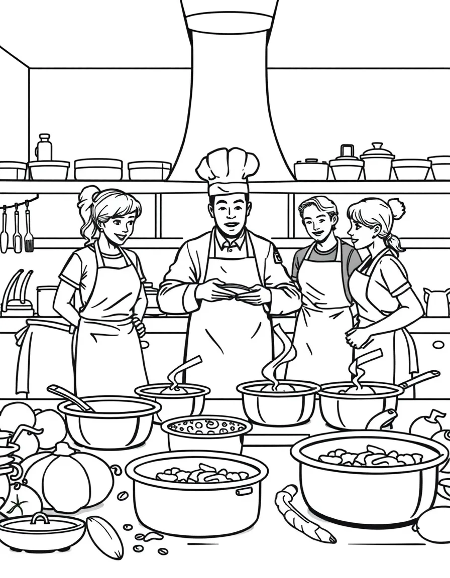 Kitchen cooking lesson with chef instructor, students in aprons, pots, pans, and ingredients scattered around
