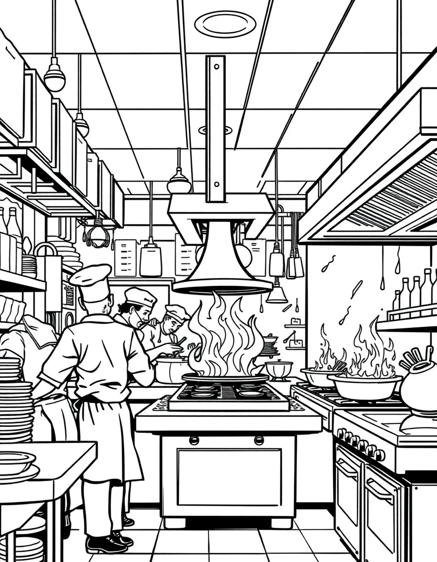 Restaurant kitchen during dinner rush with multiple chefs, orders hanging, flames from stove, and organized chaos