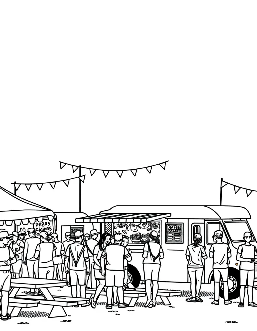 Food truck festival with various cuisines, long lines of customers, picnic tables, and festive atmosphere