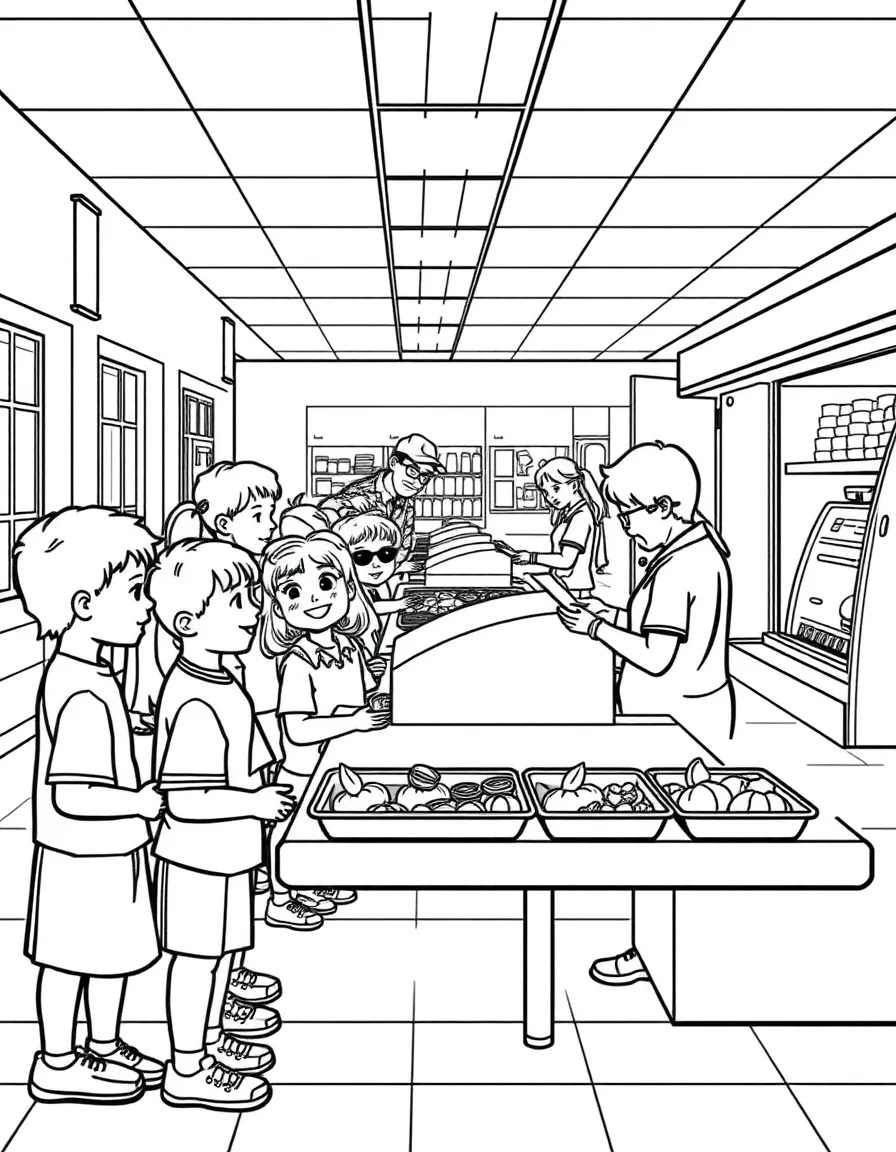 School cafeteria lunch line with students, lunch trays, healthy options, and cafeteria workers serving