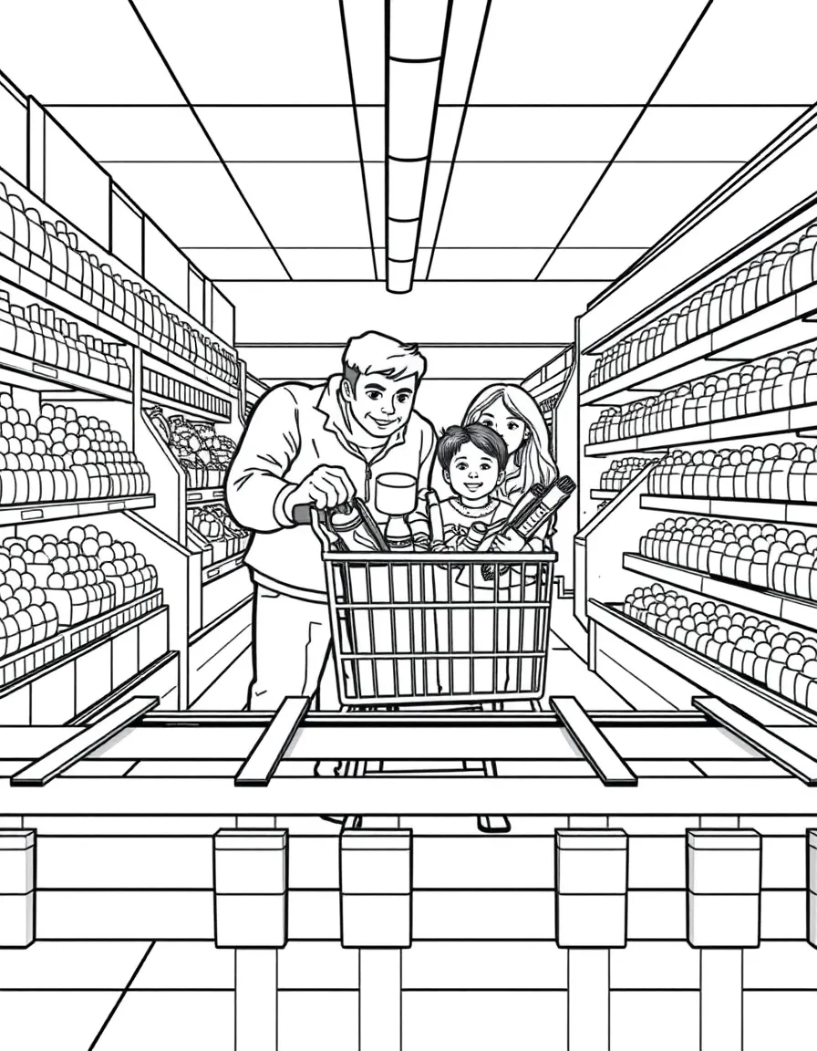 Grocery store shopping with family, cart full of items, produce section, and checkout lanes ahead
