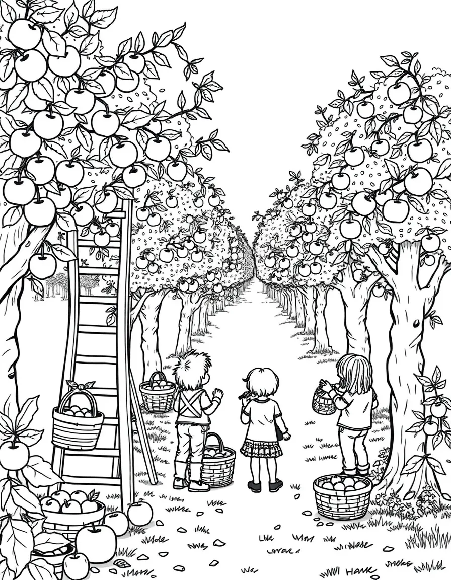 Apple orchard picking with ladders, baskets full of apples, families reaching for fruit, and autumn trees