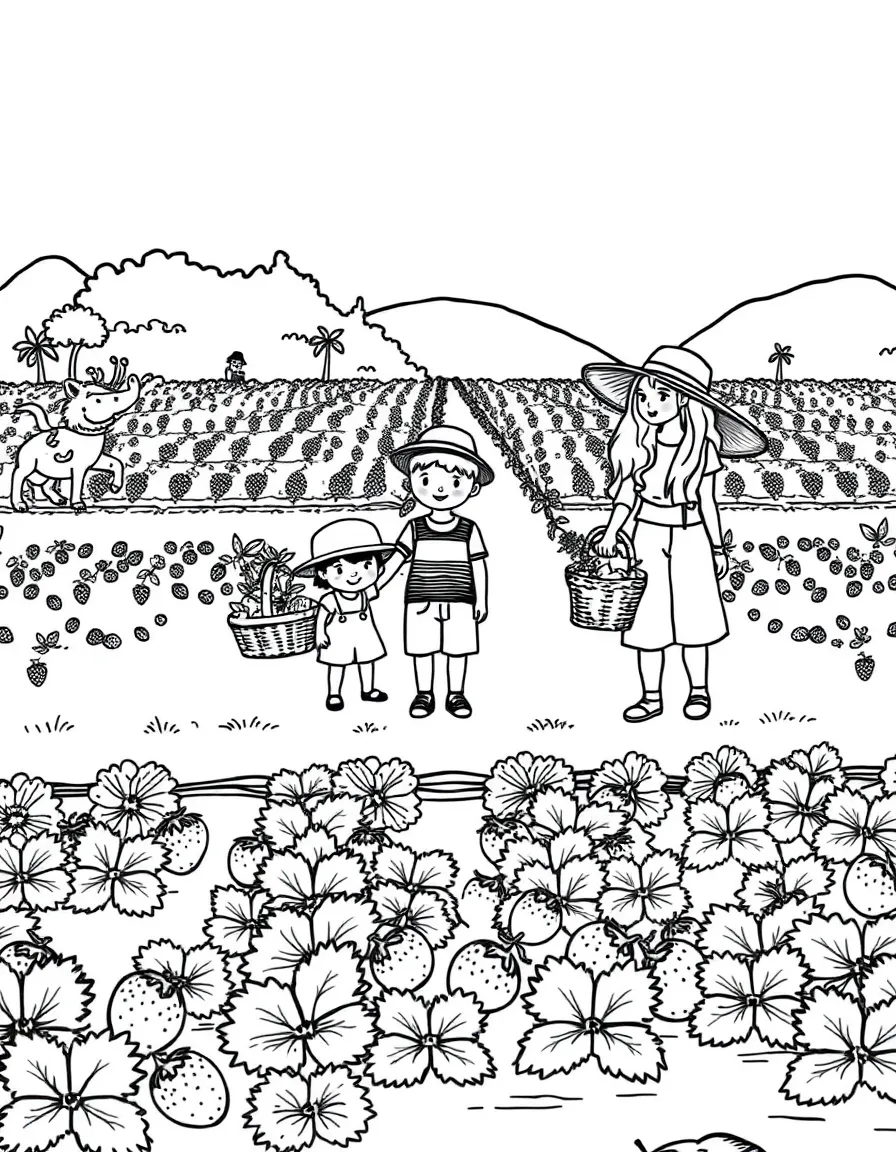 Strawberry patch with families picking berries, baskets, sun hats, and rows of strawberry plants