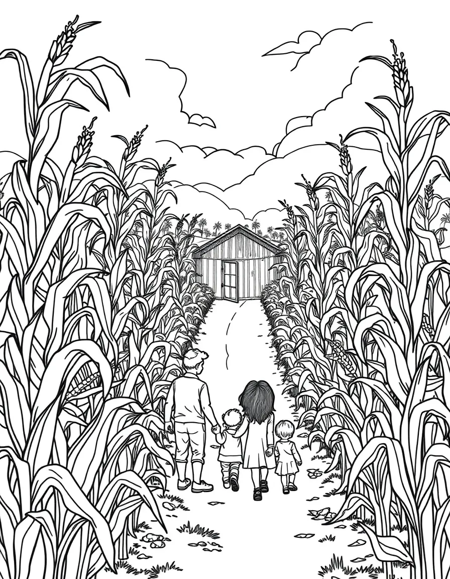 Corn maze with family navigating paths, corn stalks towering overhead, and harvest festival atmosphere