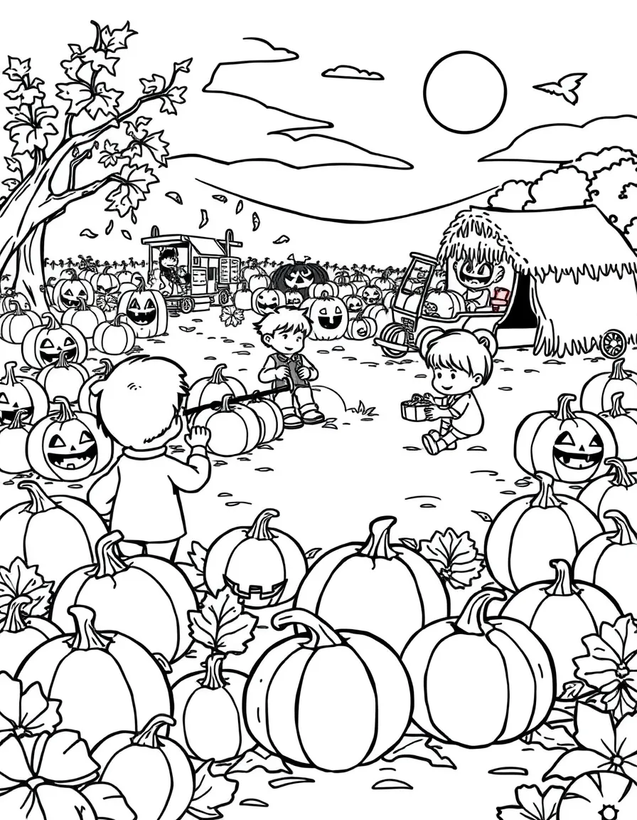 Pumpkin patch with children selecting jack-o'-lantern pumpkins, hay rides, and orange pumpkins everywhere