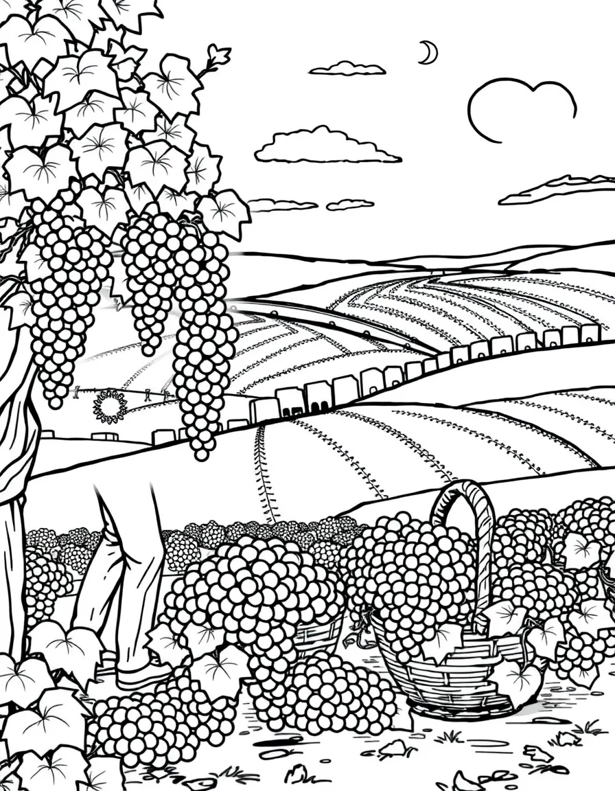 Vineyard grape harvest with workers picking grapes, baskets full of clusters, and rolling hills of vines