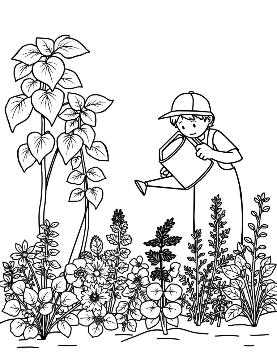 Herb garden with basil, parsley, thyme, oregano, and gardener tending plants with watering can