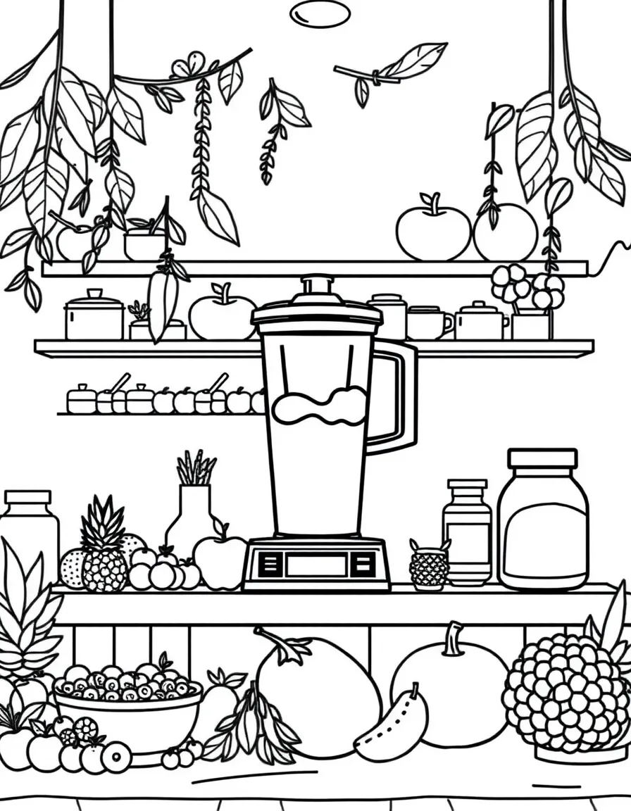 Fruit smoothie bar with blender, fresh fruits, yogurt, protein powder, and health-conscious customers