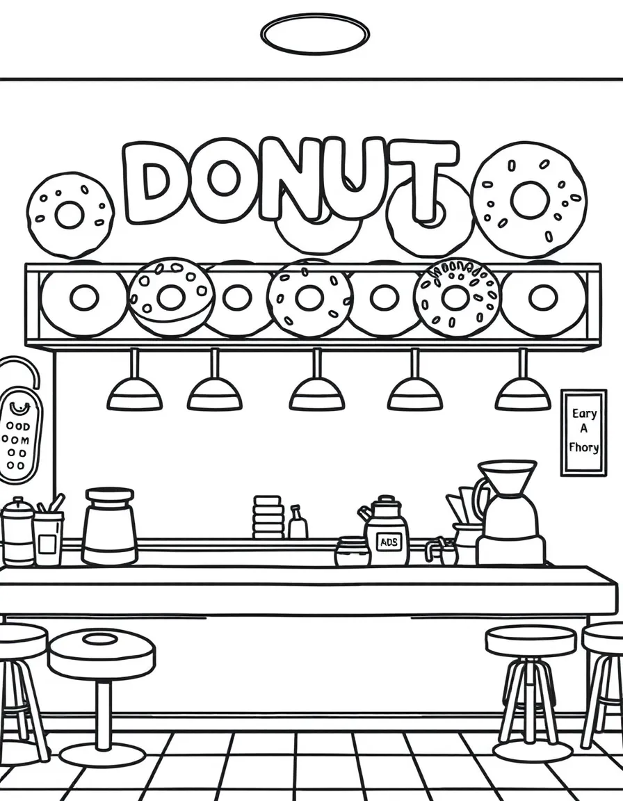 Donut shop with glazed, chocolate, sprinkled varieties, coffee brewing, and early morning customers