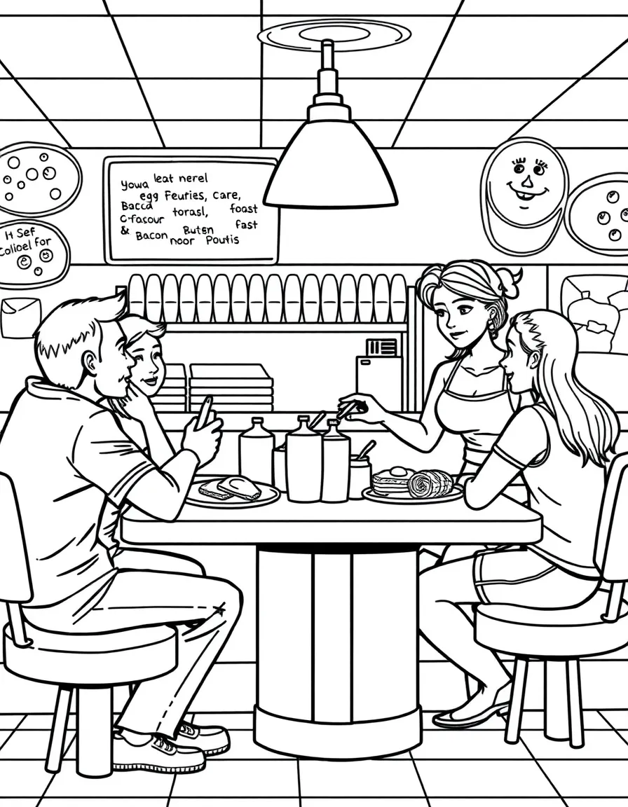 Breakfast diner with eggs, bacon, toast, hash browns, and waitress serving regular customers