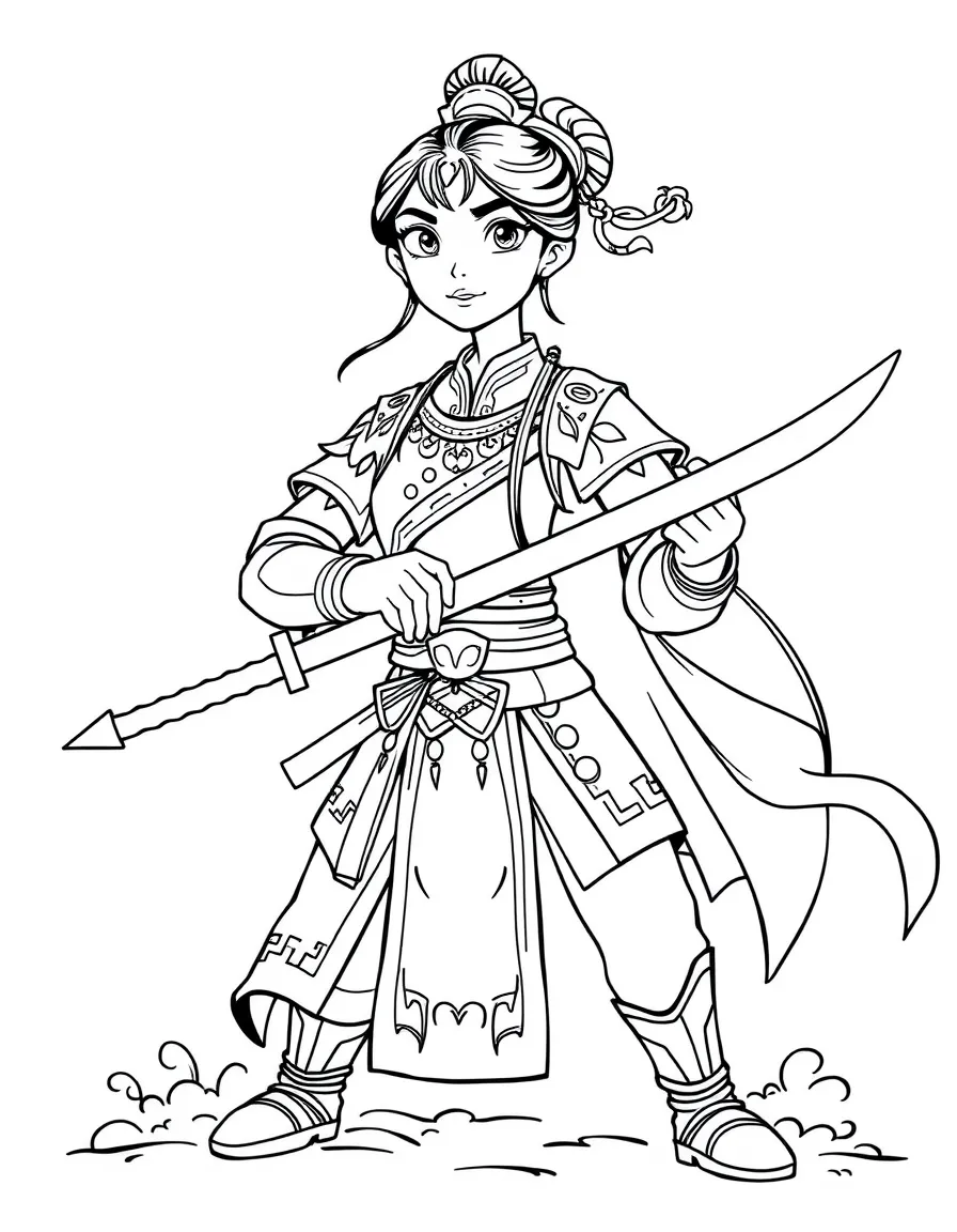 Mulan in traditional Chinese armor, holding her father's sword with determination