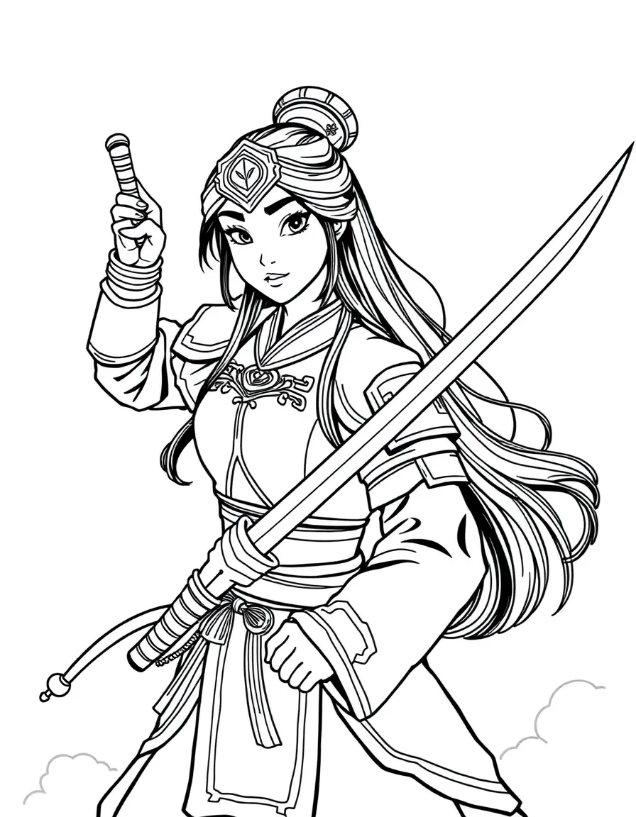 Mulan in traditional Chinese armor, holding her father's sword with determination