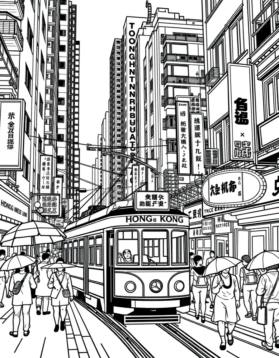 A bustling street in Hong Kong with a double-decker tram, bright neon signs, and people walking with umbrellas. ChatGPT said: