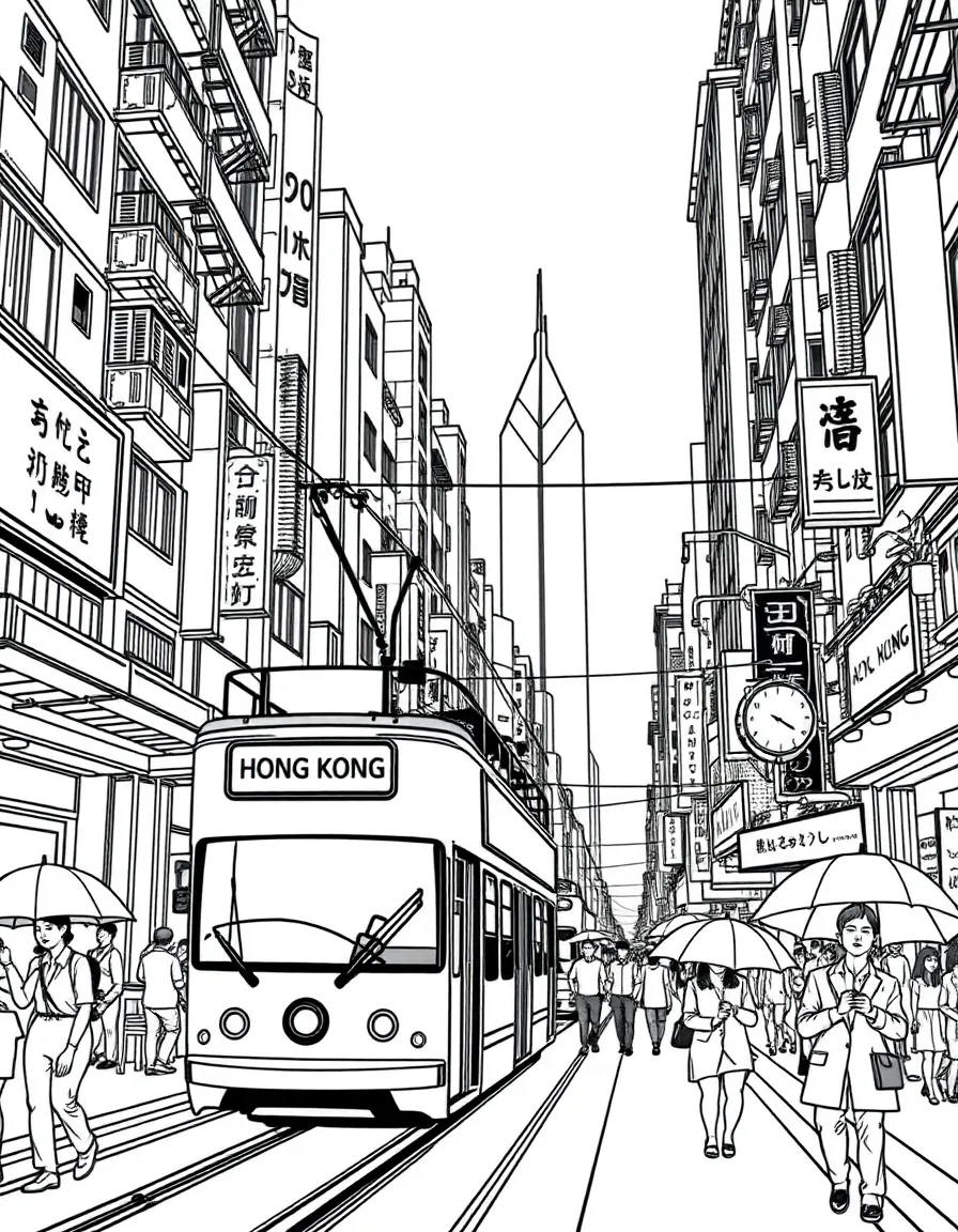 A bustling street in Hong Kong with a double-decker tram, bright neon signs, and people walking with umbrellas.