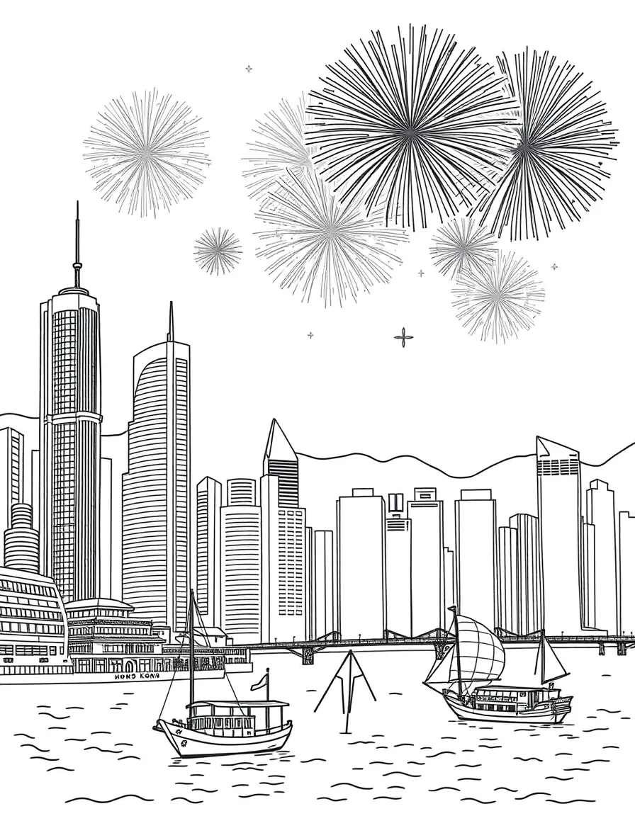 The iconic Victoria Harbour in Hong Kong with tall skyscrapers, traditional junk boats, and fireworks exploding in the sky.