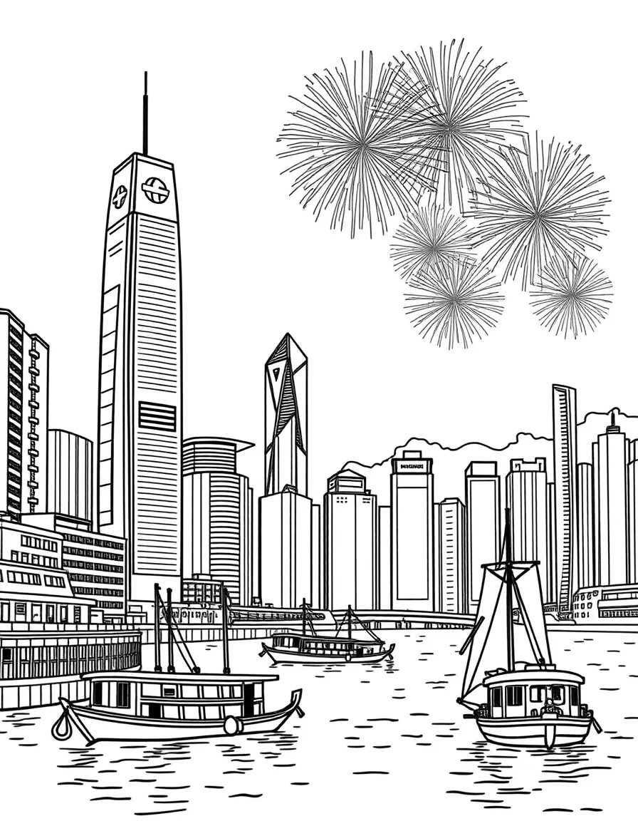 The iconic Victoria Harbour in Hong Kong with tall skyscrapers, traditional junk boats, and fireworks exploding in the sky.