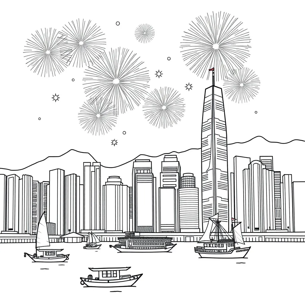 The iconic Victoria Harbour in Hong Kong with tall skyscrapers, traditional junk boats, and fireworks exploding in the sky.