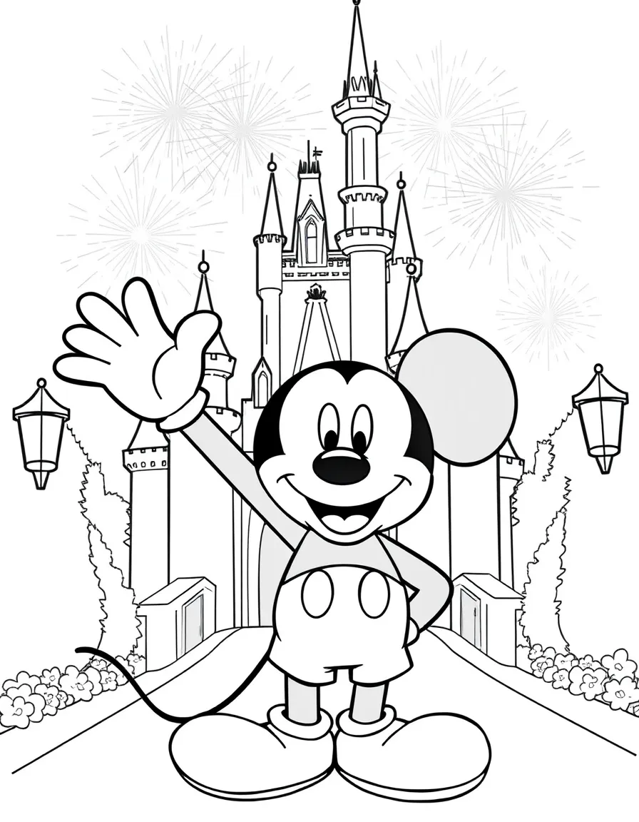 Mickey Mouse smiling and waving, standing in front of Cinderella's castle with fireworks in the background.