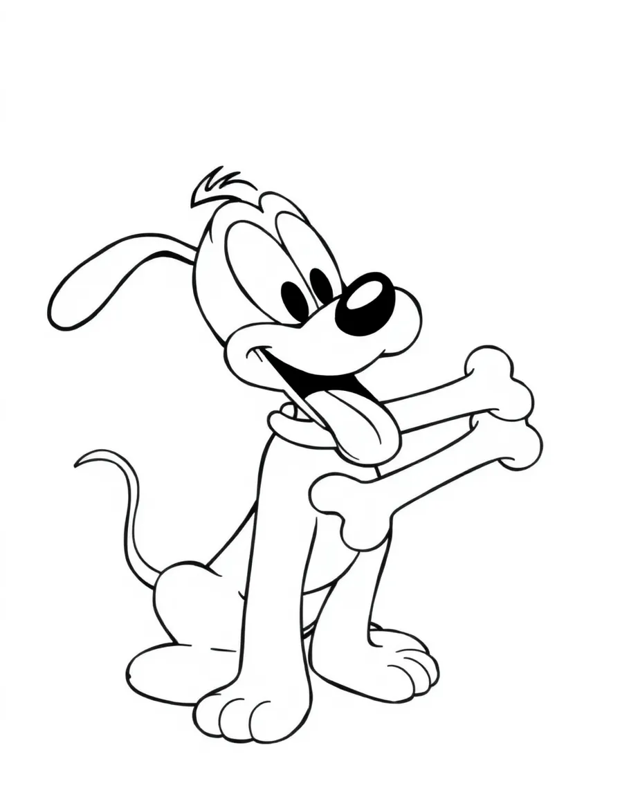 Pluto wagging his tail happily, with a bone in his mouth.