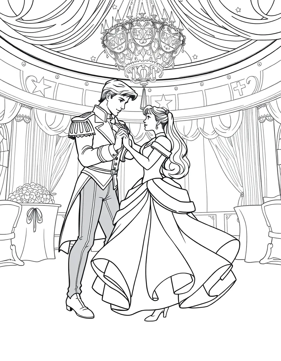 Cinderella dancing with Prince Charming in a grand ballroom, with stars twinkling.