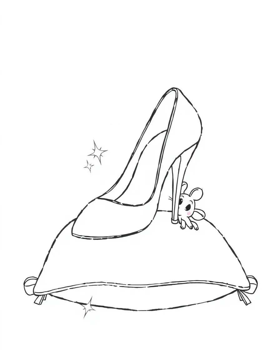 Cinderella's glass slipper sparkling on a cushion, with a little mouse peeking out.