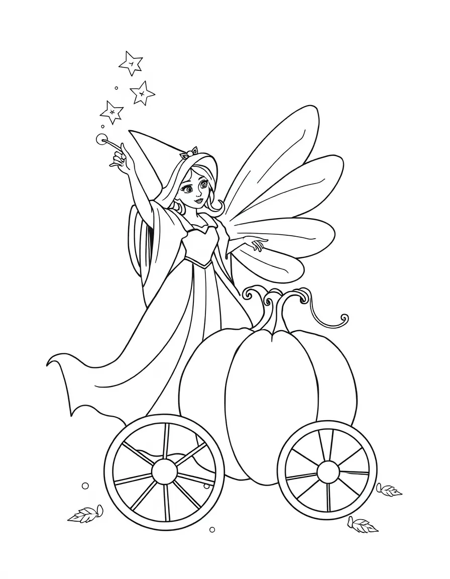 Fairy Godmother waving her magic wand, transforming a pumpkin into a carriage.
