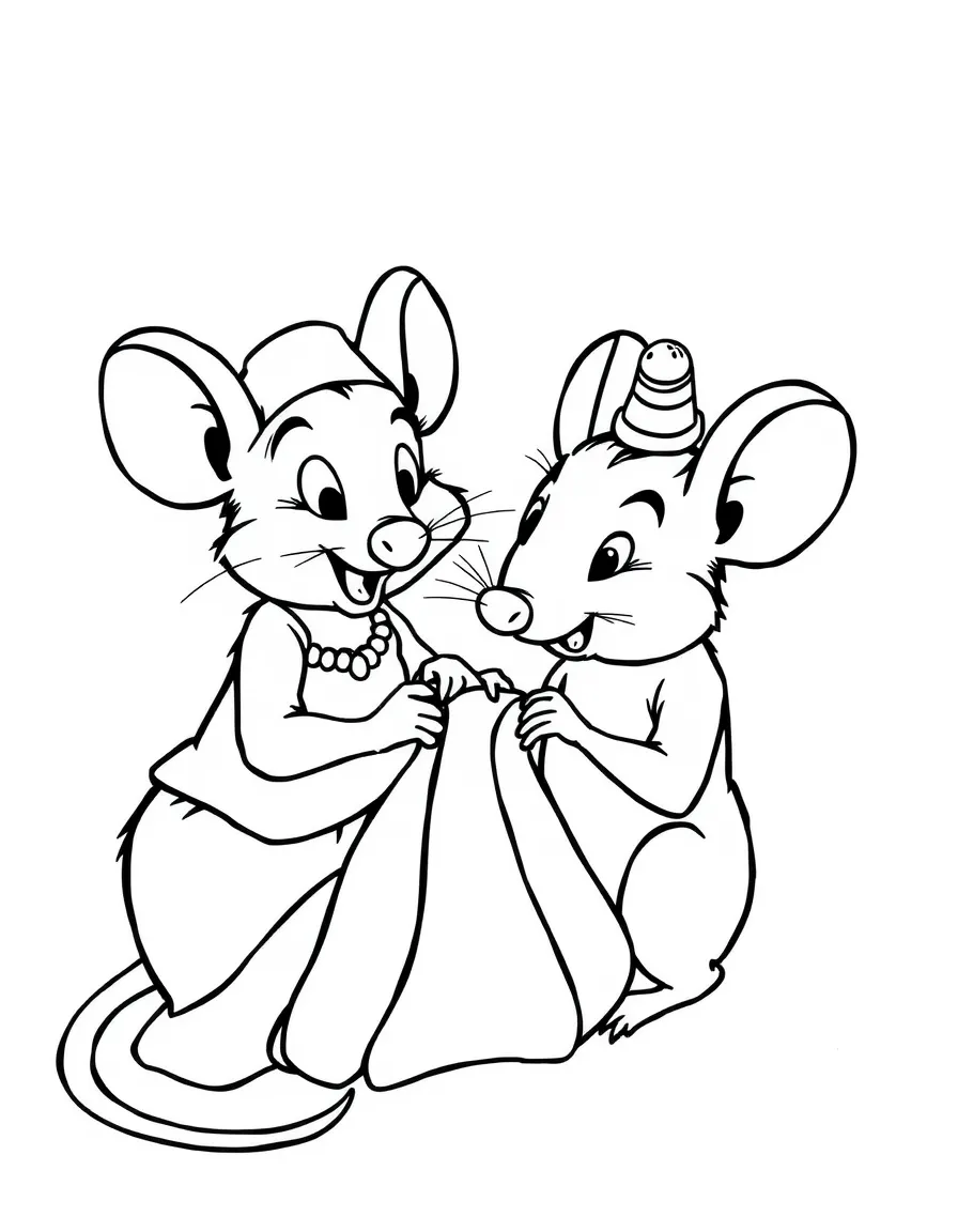 Jaq and Gus, the mice, helping Cinderella sew her dress, with tiny thimbles on their heads.