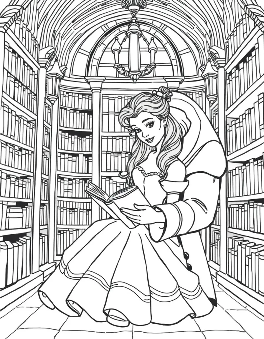 Belle reading a book in the Beast's grand library, surrounded by shelves of books.