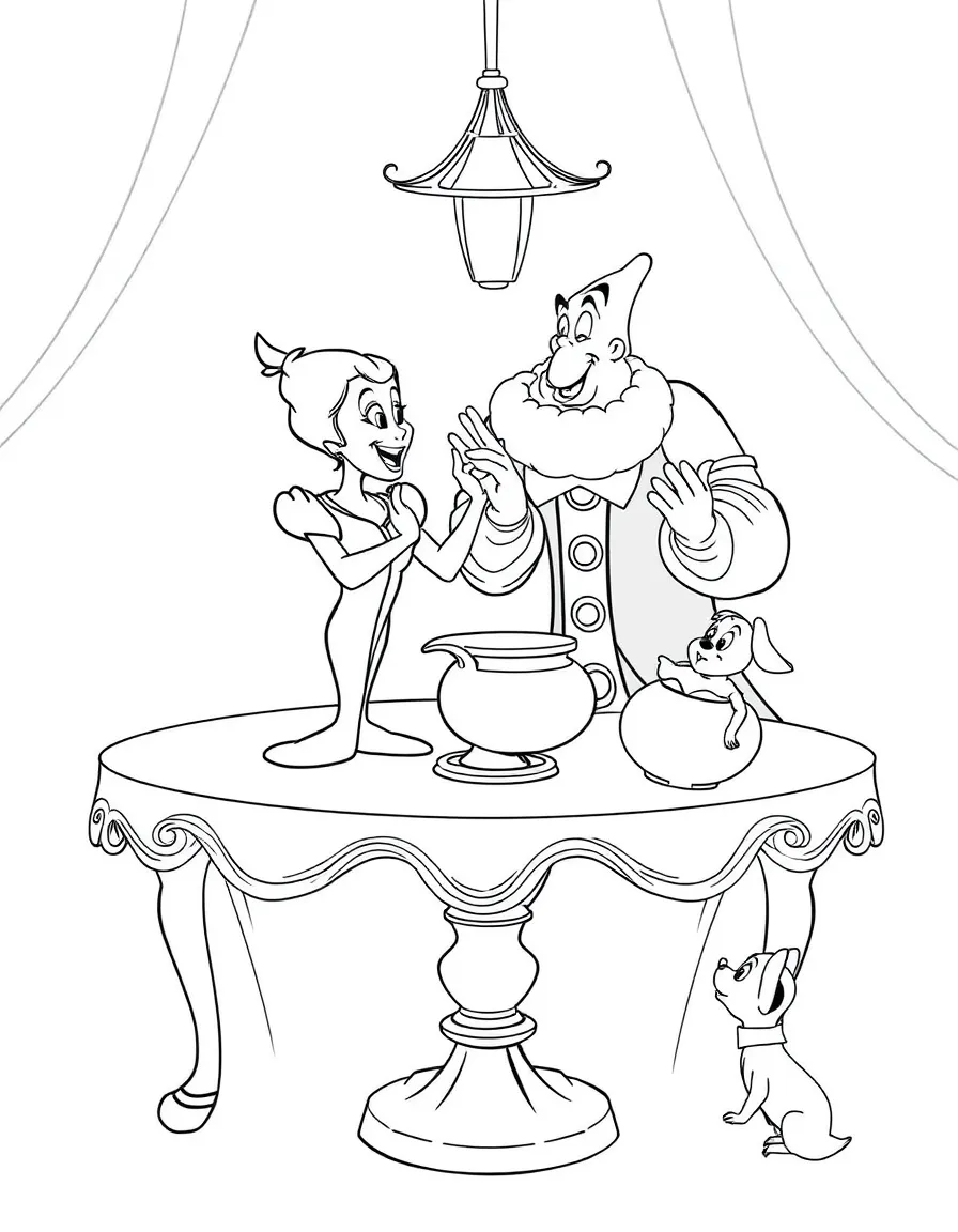 Lumiere and Cogsworth singing and dancing on a table, with Mrs. Potts and Chip watching.