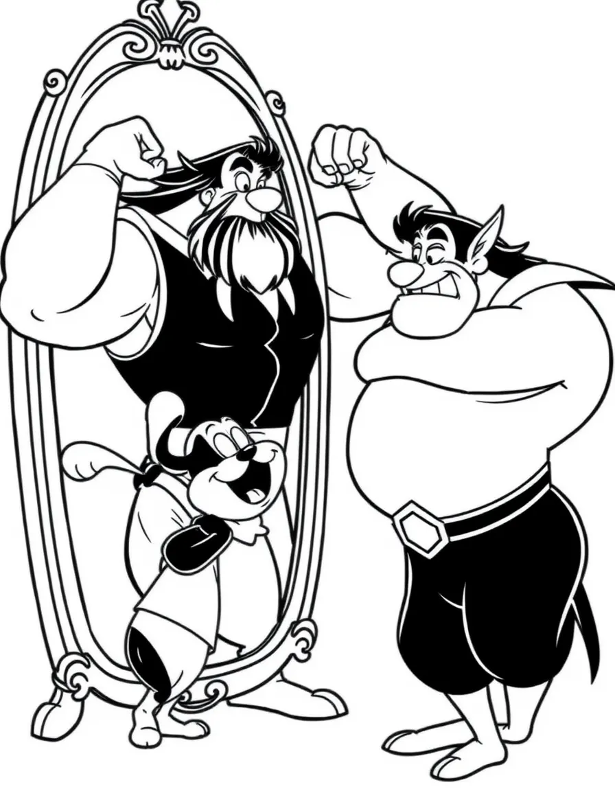 Gaston flexing his muscles and admiring himself in a mirror, with Lefou cheering him on.