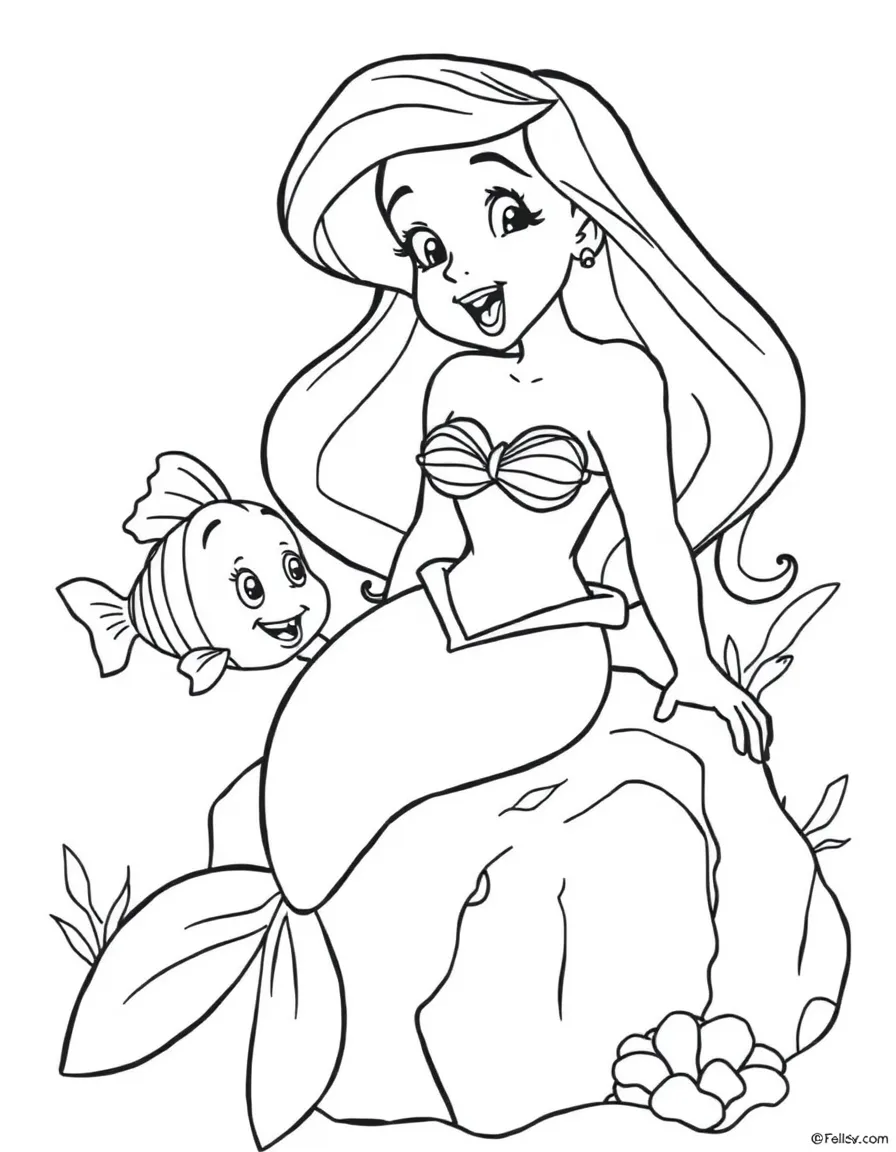 Ariel as a mermaid, sitting on a rock and singing, with Flounder swimming nearby.