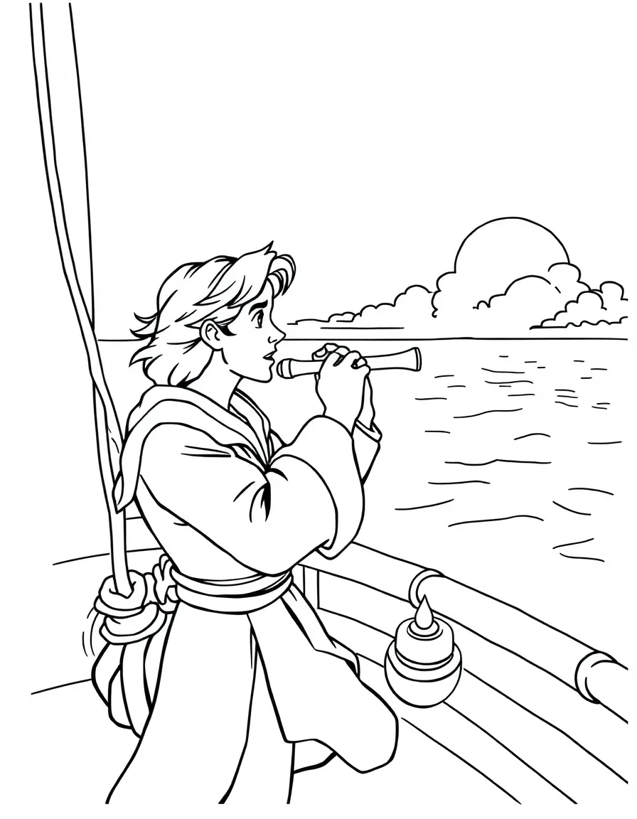 Prince Eric playing his flute on his ship, looking out at the ocean.