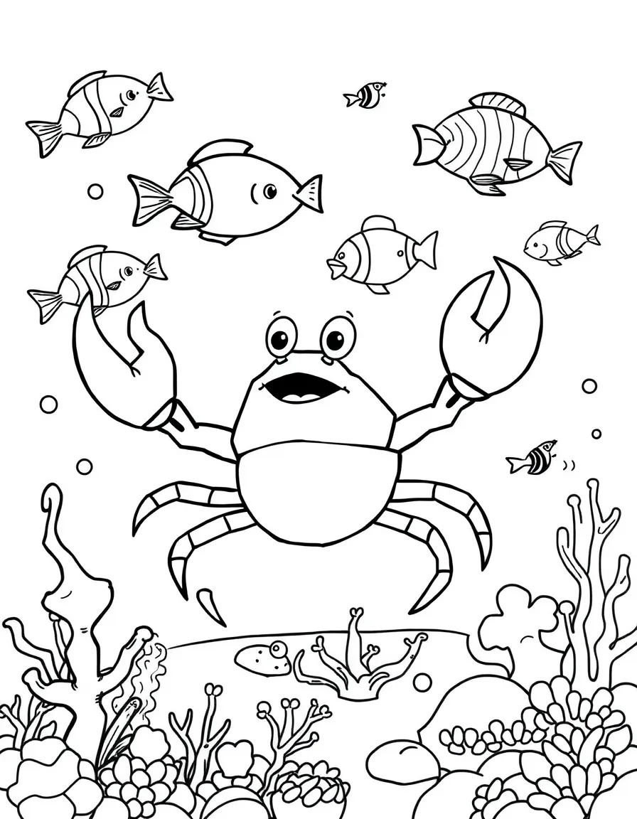Sebastian the crab conducting a symphony of colorful fish and other sea creatures.