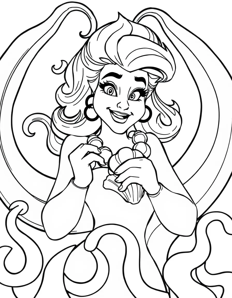 Ursula looking mischievous, holding her seashell necklace and surrounded by eels.